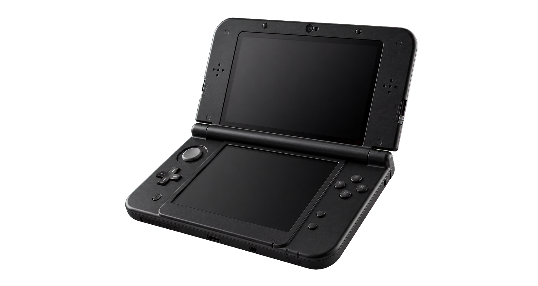 Floating black dual-screen handheld console