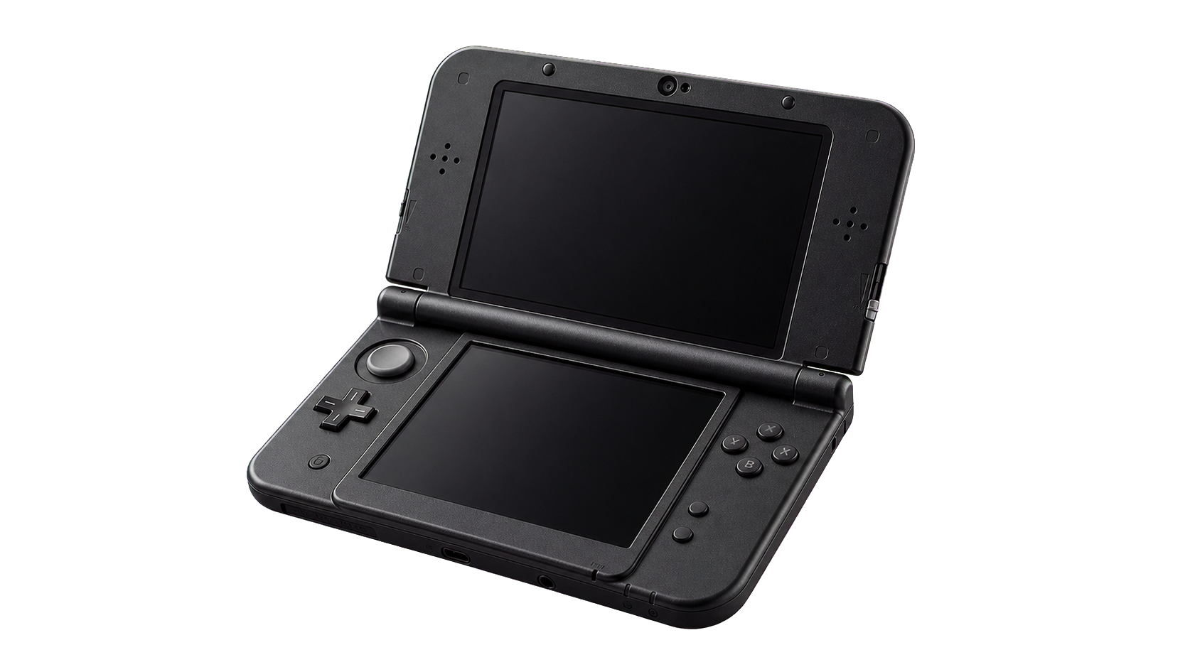 Floating black dual-screen handheld console viewed from above
